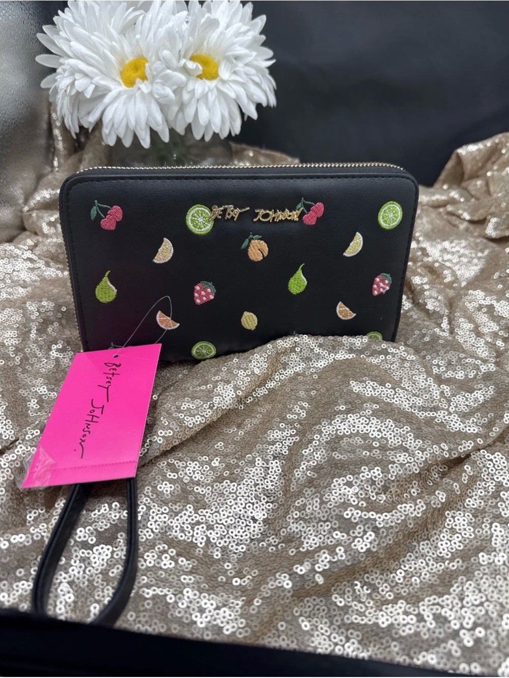 Betsey Johnson Black with colorful Fruit Embroidered Zip-Around Wristlet